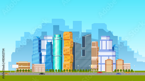 City  urban scene with low and high rise buildings  skyscrapers and road with cars  flat vector illustration. Daytime cityscape  downtown scene with road  transport and city skyline in background