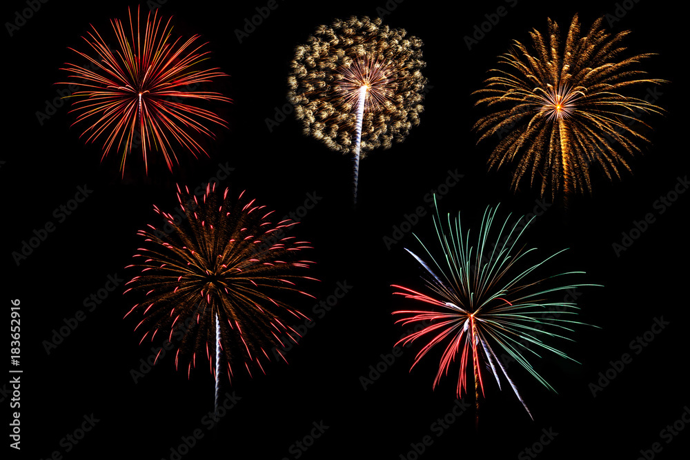 Colorful assorted fireworks selection on a black background.