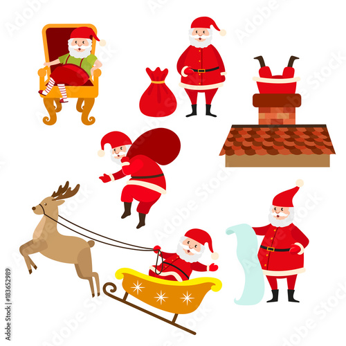 Santa doing various Christmas activities, cartoon vector illustration isolated on white background. Funny Santa holding present bag, riding reindeer sleigh, reading gift list, diving into chimney