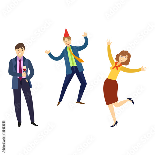 vector flat office workers men and girl in formal corporate clothing with necktie, party hat, male, female characters dancing having fun at corporate party. Isolated illustration white background.