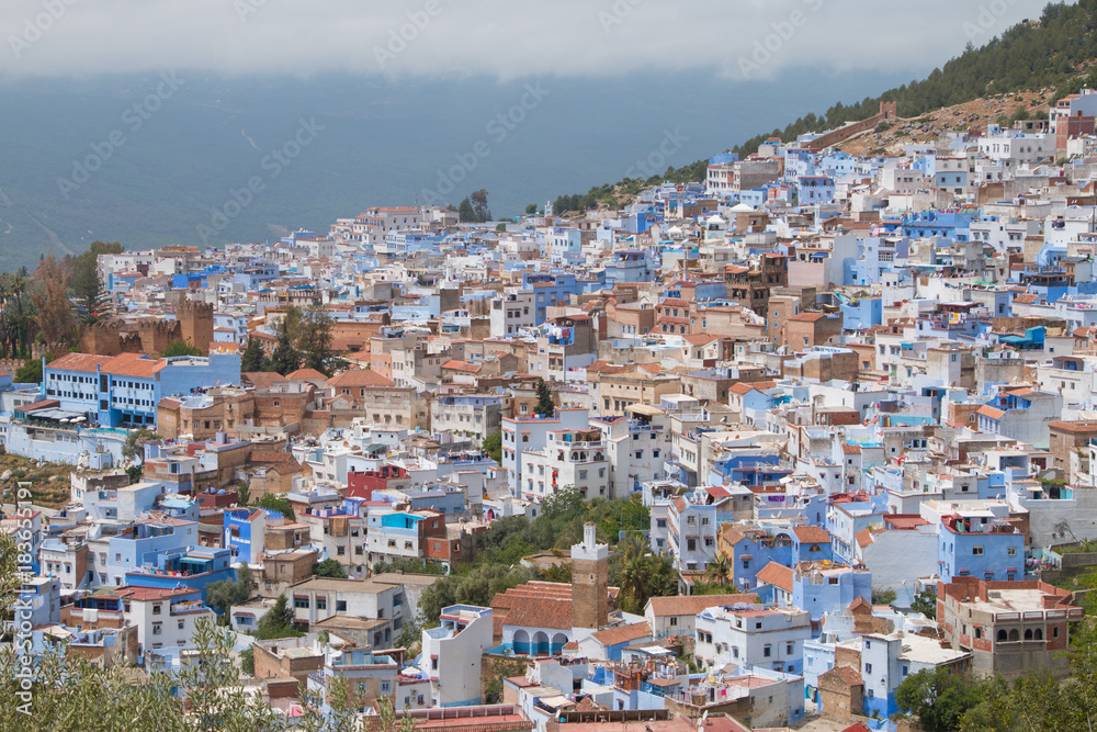 Traditional moroccan courtyard in Chefchaouen blue city medina in Morocco, architectural details in Blue town Chaouen. Typical blue walls and colorful flower pots. Traditional moroccan courtyard in Chefchaouen blue city medina in Morocco, architectural details in Blue town Chaouen. Typical blue walls and colorful flower pots.