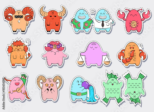 Zodiac icons. Collection of twelve icons of zodiac signs. Vector doodle illustration with cartoon comic characters. Funny animals, monsters. Signs and symbols. Patch, badge