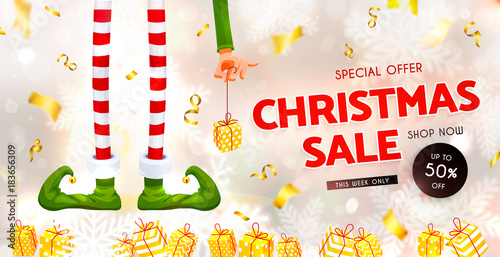 Christmas sale. Elf's legs and Elf's hand with a gift. Festive Blurred White Silver Background. Christmas composition. Xmas collection. New Year vector illustration