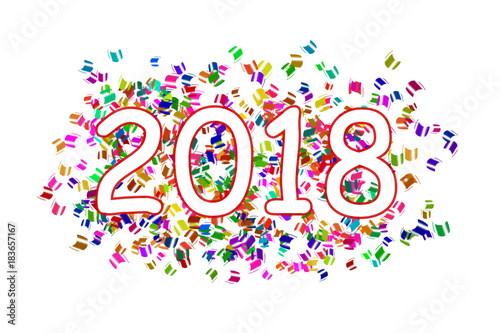 white inscription year 2018 a red circle on  a background with colorful flying sticky notes on a white background