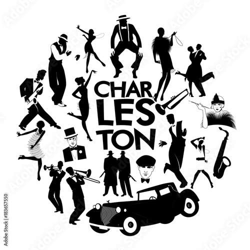 Charleston dance icons. Cars, flapper girls, gangsters and dancers from Charleston
