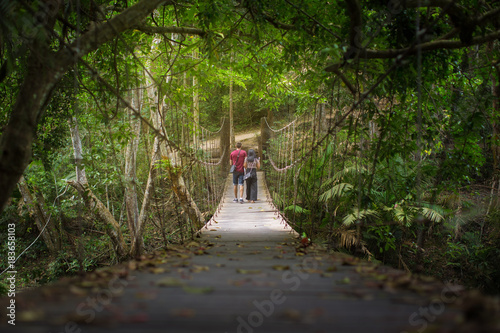 Young couple travelling in Khao yai national, walking on wooden bridge in jungle photo
