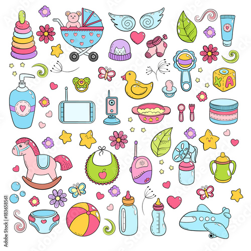 Background, texture, backdrop, pattern, wallpaper with children cartoon doodle toys. Educational games for kids illustration. Baby shower. Icons set. Newborn baby vector collection. baby care things
