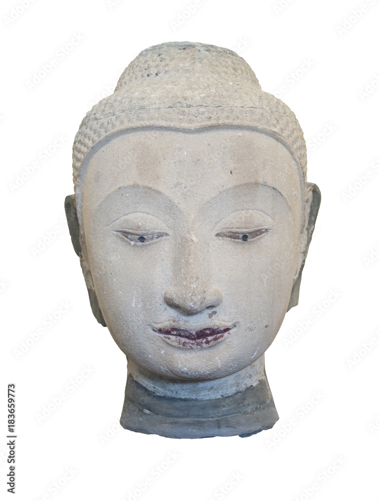 Ancient head of sandstone Buddha isolate on white background