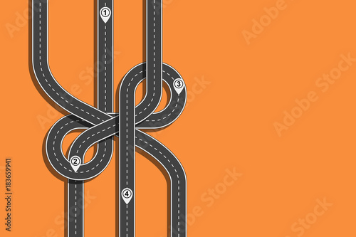 Road trip and Journey route. Winding road on a colorful background with pin pointer. Vector illustration