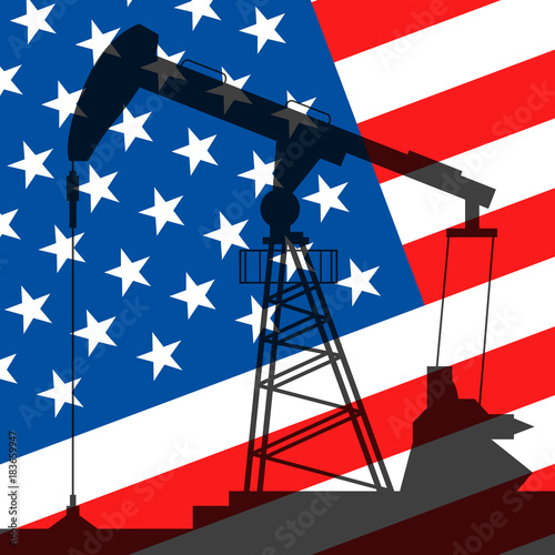 Oil pump on background of flag of USA. Vector illustration
