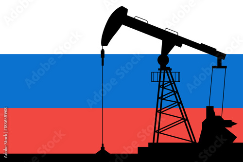 Oil pump on background of flag of Russia. Vector illustration