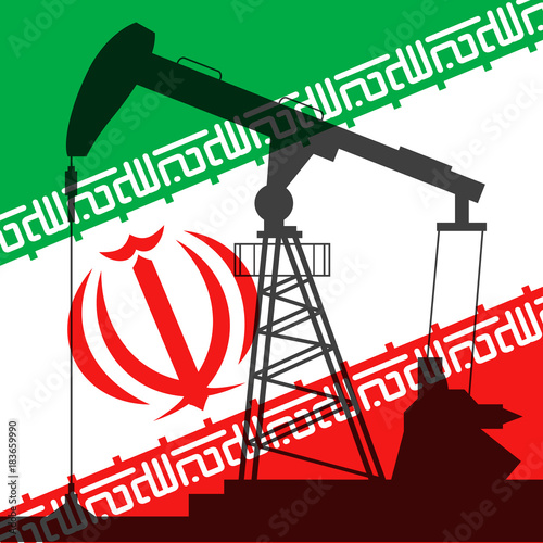 Oil pump on background of flag of Iran. Vector illustration