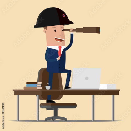 Businessman in napoleon hat standing on table and looking through spyglass.  Business Perspective. Vector illustration