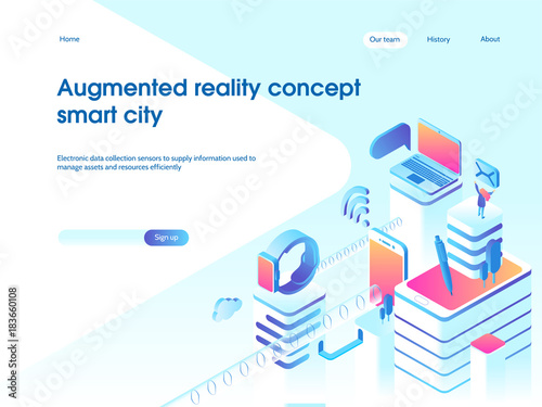 Augmented reality concept. Smart city technology. Landing page template. 3d vector isometric illustration.