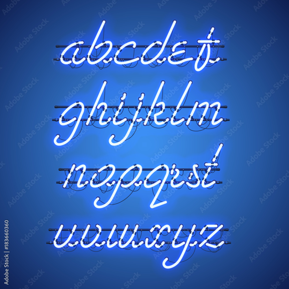 Glowing Blue Neon Script Font with lowercase letters from A to Z with ...