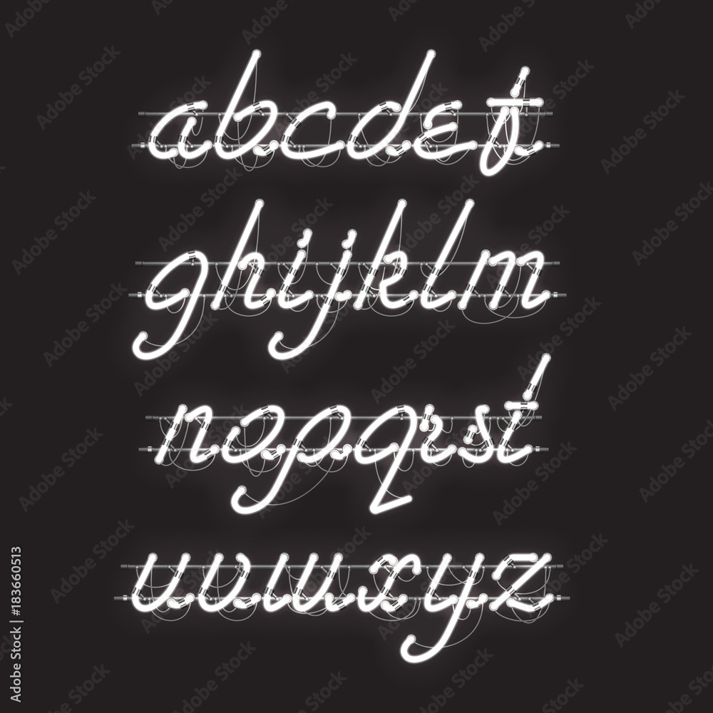 Glowing White Neon Script Font with lowercase letters from A to Z with wires, tubes, brackets and holders. Shining and glowing neon effect. Vector illustration. Glowing White Neon Script Font with lowercase letters from A to Z with wires, tubes, brackets and holders. Shining and glowing neon effect. Vector illustration.
