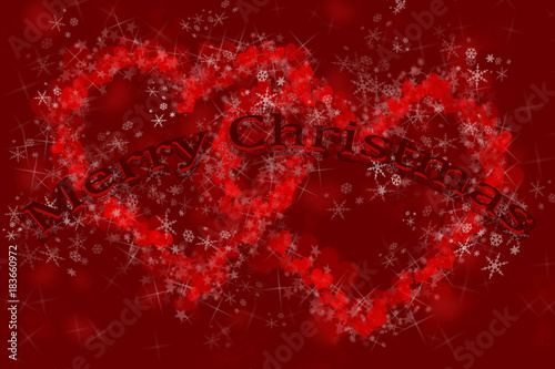 three-dimensional, rounded Merry Christmas inscription on the background of two hearts formed of small hearts and star bursts, covered with snowflakes