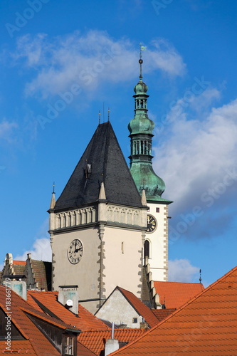Tabor town hall tower and Church of Transfiguration of Jesus