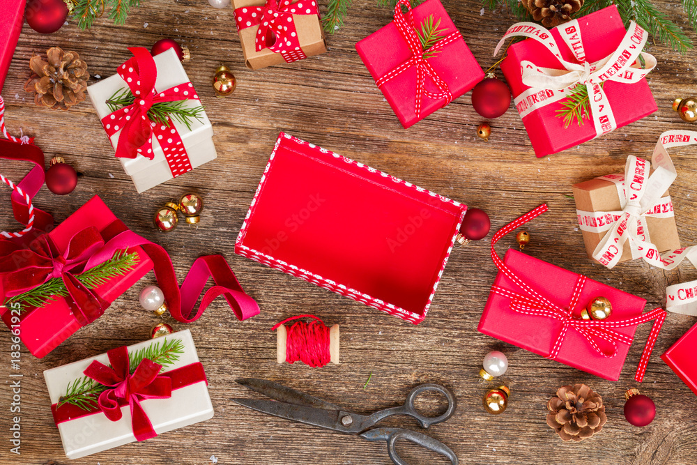 Preparing Holiday Gift Wrapping Red Beige Stock Photo 1304358019