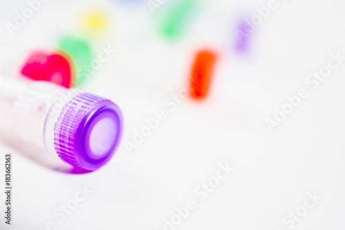 Chemical tubes with colorful caps. Medical laboratory research. drug discovery, pharmacology and biotechnology concept. science and research background with copy space.