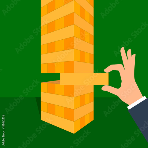 Tower game with hands. Wooden block game.