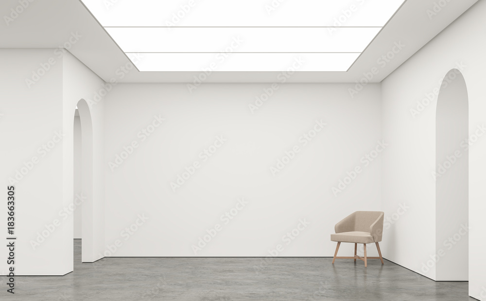 Empty white room modern space interior 3d rendering image.White room Many rooms are connected with arch shape door.There are poliished concrete floor,white wall - obrazy, fototapety, plakaty 