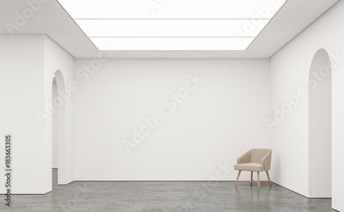 Empty white room modern space interior 3d rendering image.White room Many rooms are connected with arch shape door.There are poliished concrete floor,white wall photo