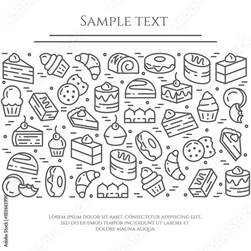 Cakes and cookies theme horizontal banner. Pictograms of pie, brownie, biscuit, tiramisu, roll and other dessert related elements Line out symbols Simple silhouette Editable stroke