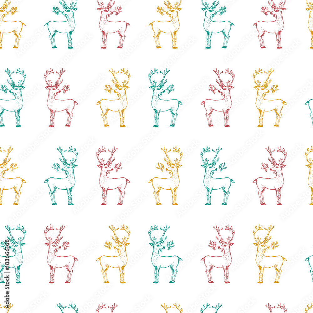 seamless pattern deer and Christmas animals. New Year penguin and bird cardinal or tit in the forest. winter holidays. engraved hand drawn in old sketch and vintage style for postcards.
