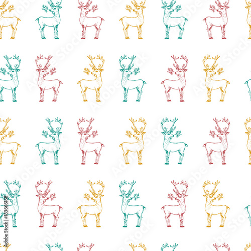 seamless pattern deer and Christmas animals. New Year penguin and bird cardinal or tit in the forest. winter holidays. engraved hand drawn in old sketch and vintage style for postcards.