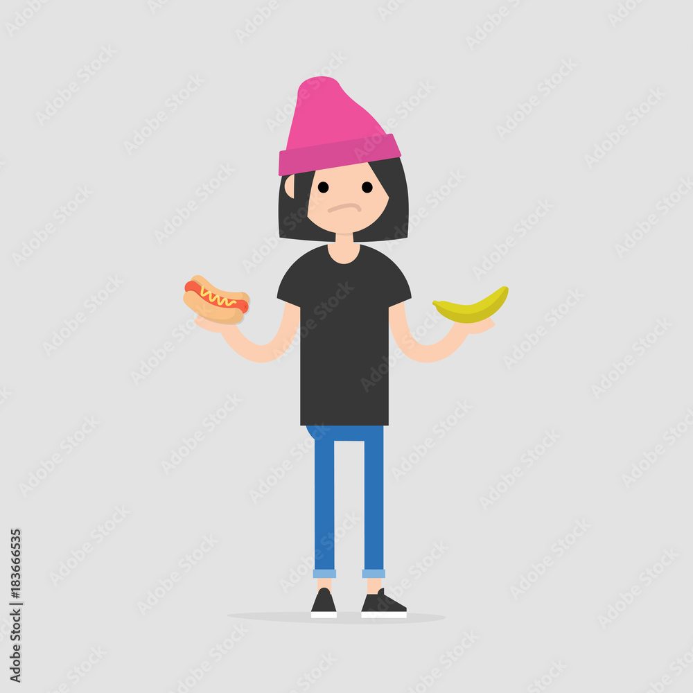 Fototapeta premium Healthy food or junk food: Young character deciding what to choose as a snack. Flat editable vector illustration, clip art