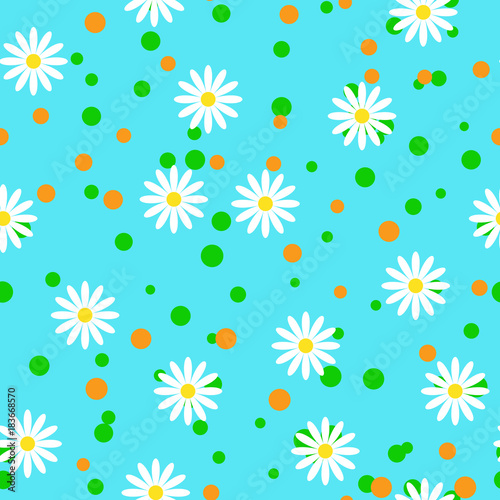 Seamless blue background with white daisies and green peas
