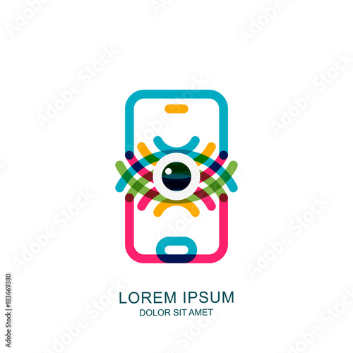 Colorful abstract eye on mobile phone screen. Vector logo, sign, emblem design element. Concept for mobile app, retina scan and biometric recognition, cyber vision technology.