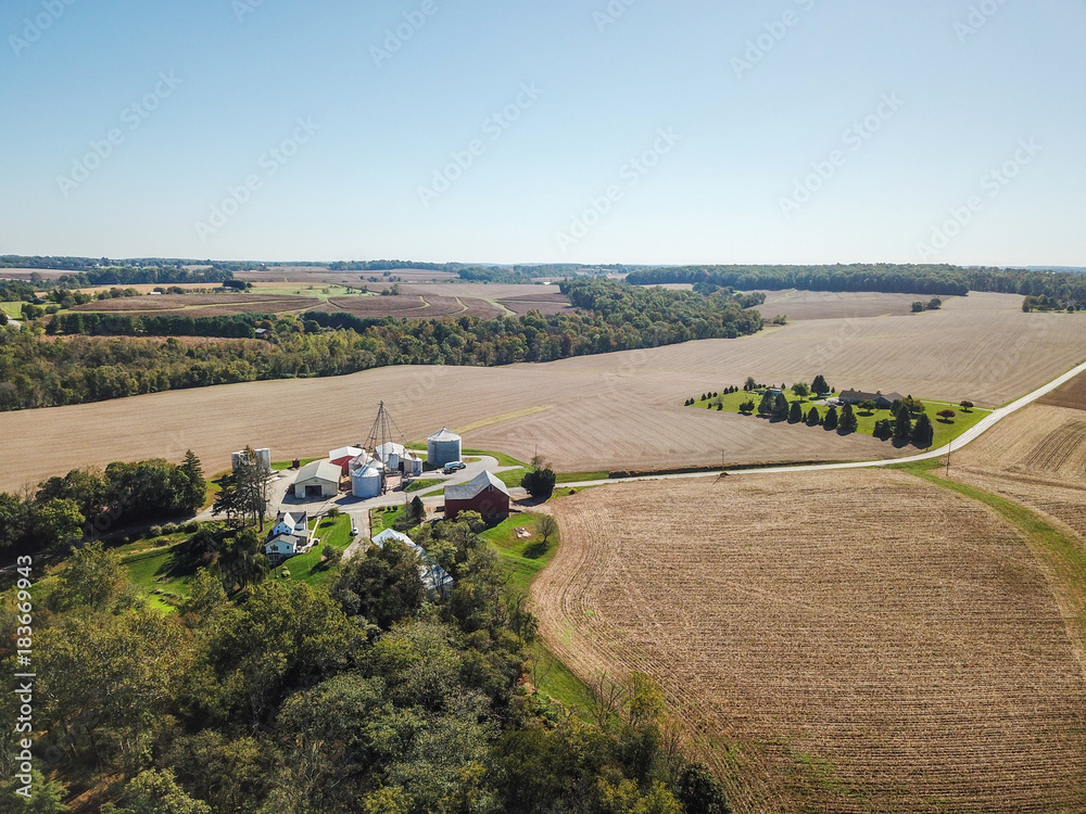 Fototapeta premium Aerial of Country and Suburban Land In York, Pennsylvania during Fall in Stewartstown