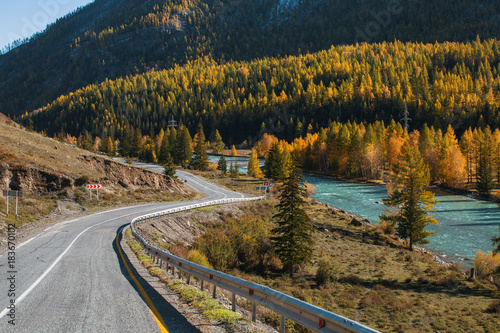View of autumn landscape Chuya Highway at Altay Mountains, Altai Republic, Russia.