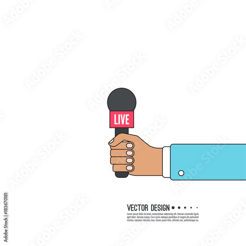 Journalism concept. Live news template with microphone. Symbol breaking news on TV radio. Journalist holding mic. interview, reporter, press, interviewer, media, paparazzi. Vector Linear design