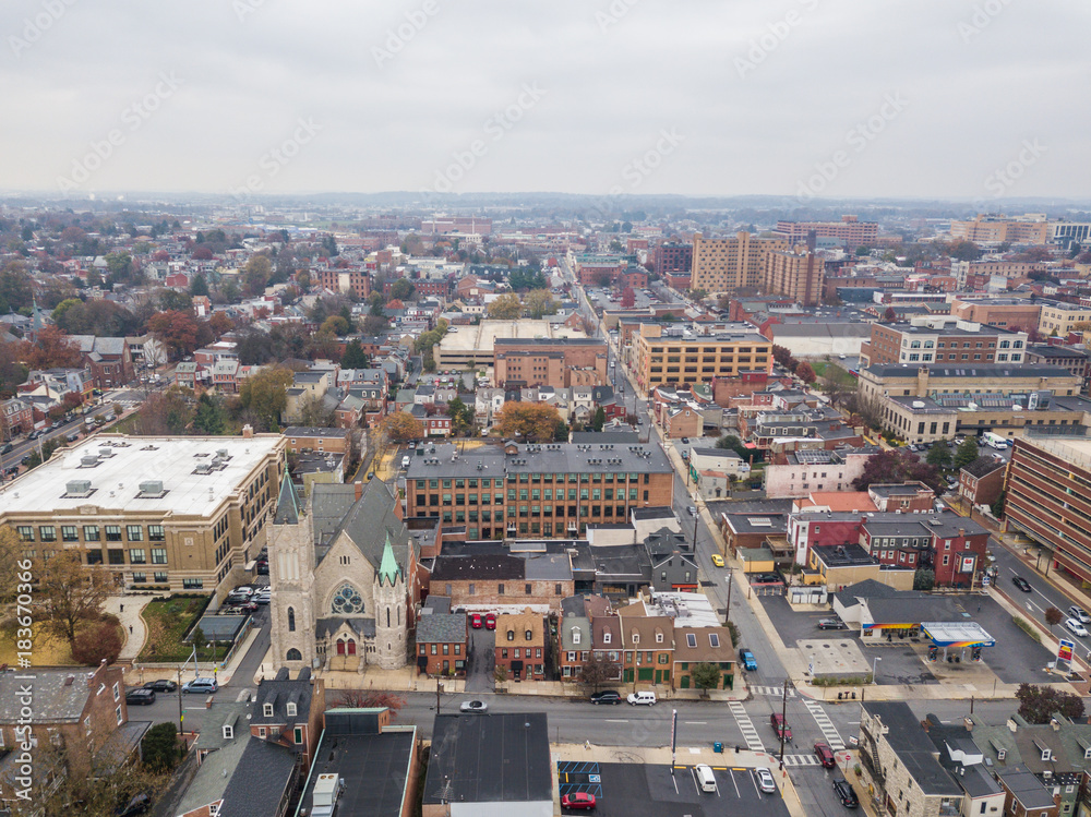 Aerial of Downtown Lancaster, Pennsylvania areound the Central Markets