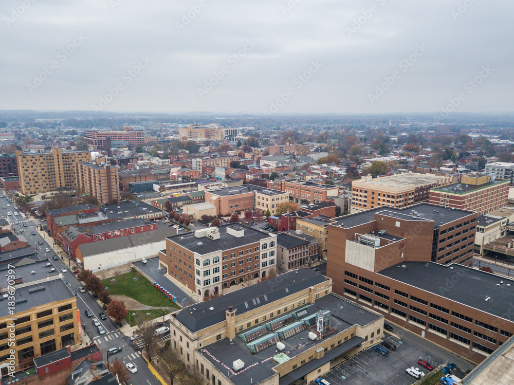 Aerial of Downtown Lancaster, Pennsylvania areound the Central Markets