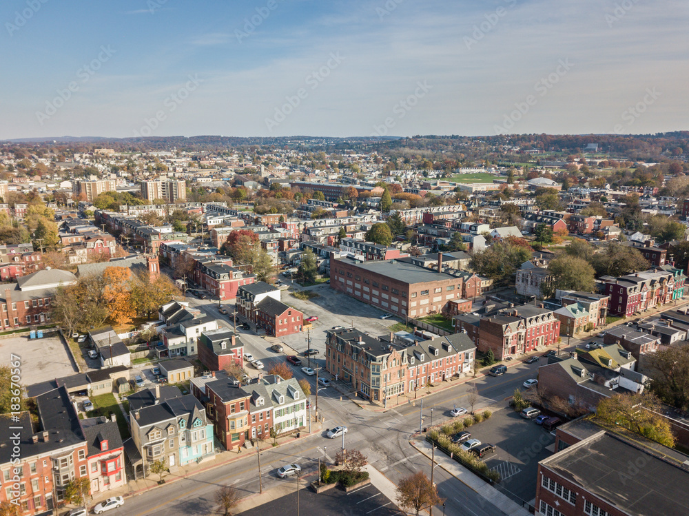 Aerial of Downtown York, Pennsylvania next to the Historic District in Royal Square