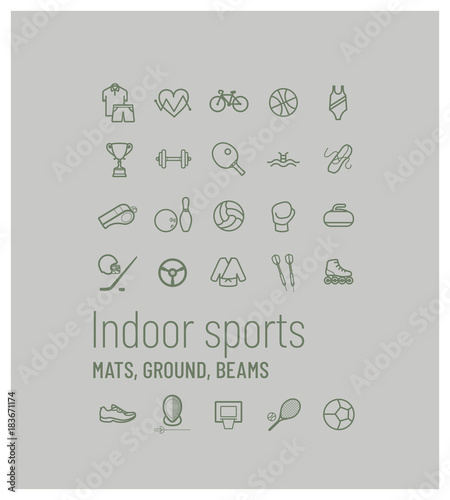 collection de pictos de sports d'intérieur sur tapis, poutres, terrains