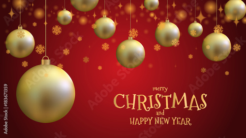 Gold christmas ball and gold glitter snowflake with mery christmas and happy new year on red background  vector illustration