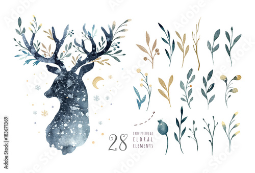 Watercolor closeup portrait of cute deer. Isolated on white background. Hand drawn christmas illustration. Greeting card animal winter design decoration
