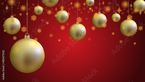 Gold christmas ball and gold glitter snowflake on red background  vector illustration