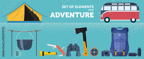 A set of accessories for active adventure in nature. Vector illustration