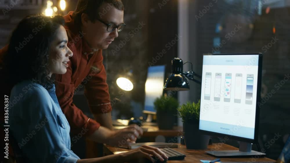 Beautiful Female Mobile Gaming Application Developer Talks With Her Male Colleague, They Discuss Creative Design. Stylishly Lit Office. RED EPIC-W 8K Camera. Beautiful Female Mobile Gaming Application Developer Talks With Her Male Colleague, They Discuss Creative Design. Stylishly Lit Office. RED EPIC-W 8K Camera.