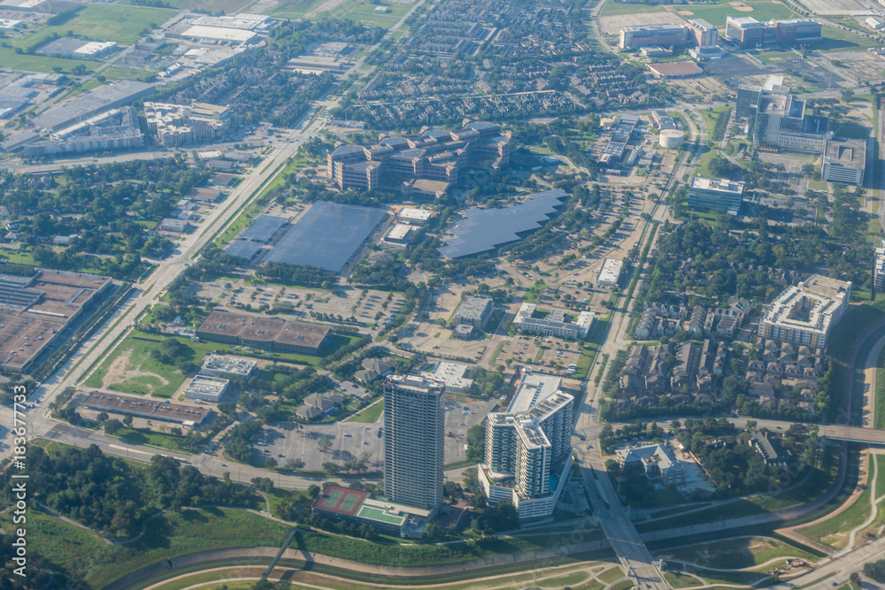 Metropolis Area of Houston, Texas Suburbs from Above in an Airplane