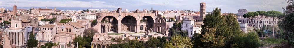 An ultrawide view of the Antoninus and Faustina Temple, Temple of Romulus, Basilica of Maxentius, Basilica de Francesca Romana and the Colosseum