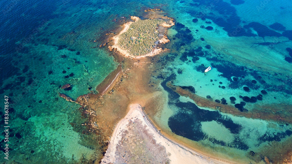 Fototapeta premium Autumn 2017: Aerial bird's eye view photo taken by drone depicting beautiful deep blue - turquoise waters and rocky seascape