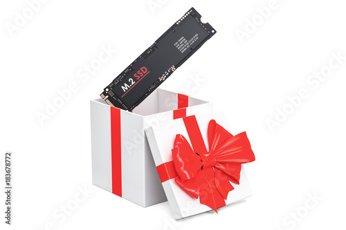 M2 SSD inside gift box, gift concept. 3D rendering