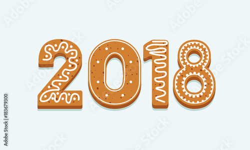 Vector 2018 New Year background made of ginger cookies on white background.